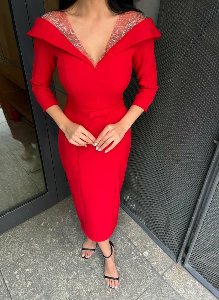 3066 YALASI TAŞLI ELBİSE RED - KIRMIZI