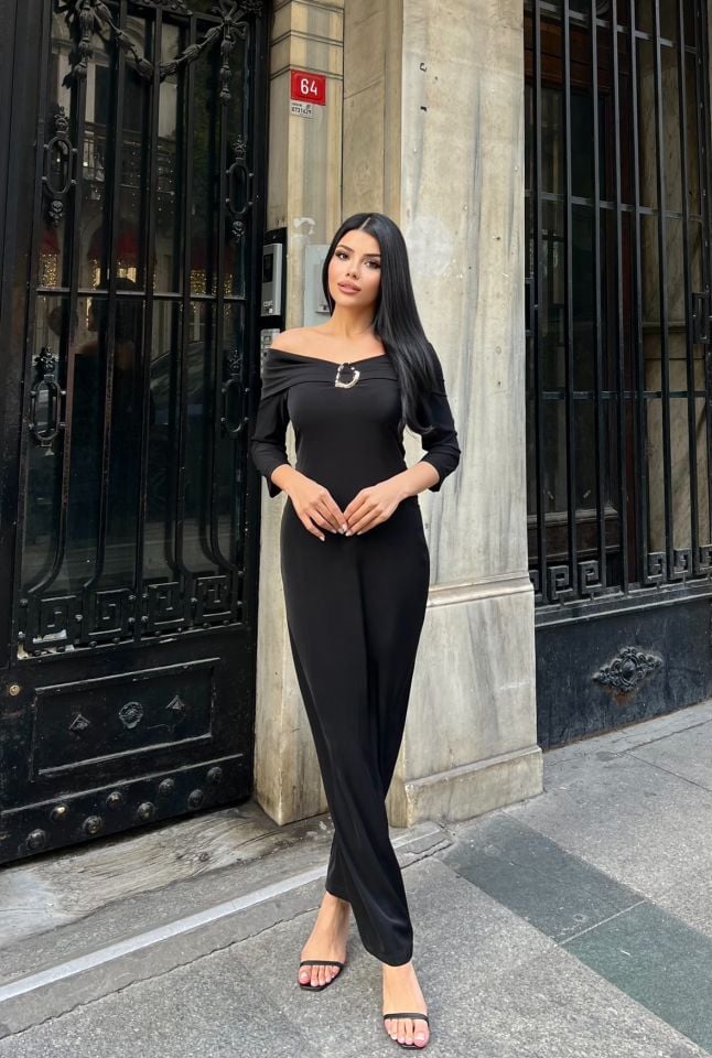 3061 AKSESURALI KAYIK YAKA ELBİSE BLACK - SİYAH