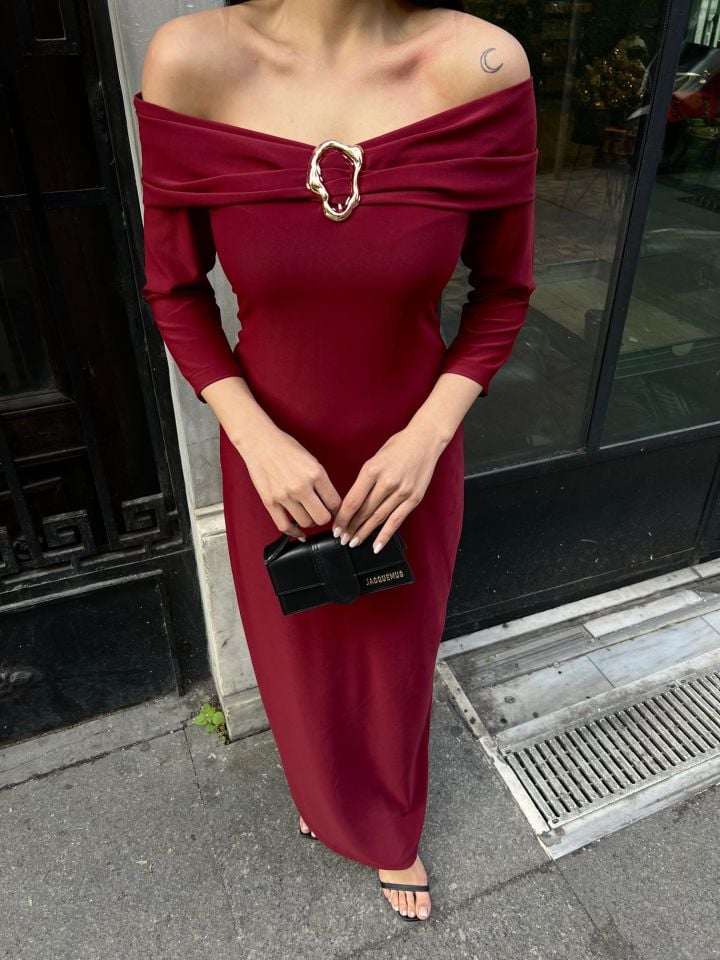 3061 AKSESURALI KAYIK YAKA ELBİSE BURGUNDY - BORDO