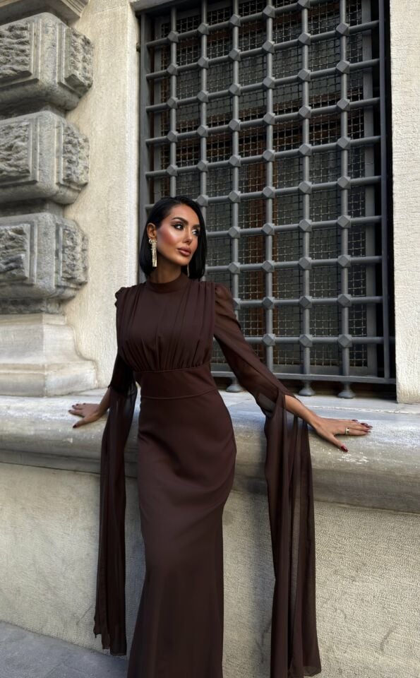 3095 KOLLARI ŞİFON ELBİSE BURGUNDY - BORDO