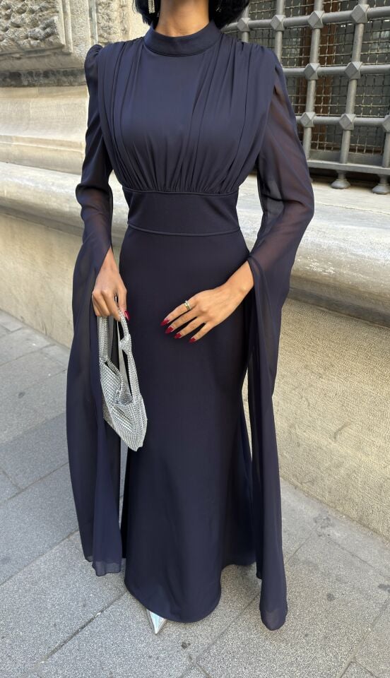 3095 KOLLARI ŞİFON ELBİSE NAVY BLUE - LACİVERT