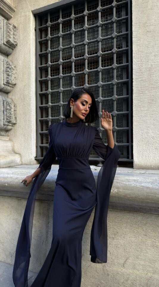 3095 KOLLARI ŞİFON ELBİSE NAVY BLUE - LACİVERT
