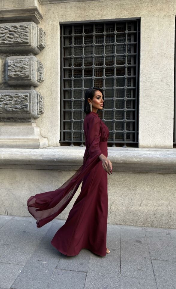 3095 KOLLARI ŞİFON ELBİSE BURGUNDY - BORDO