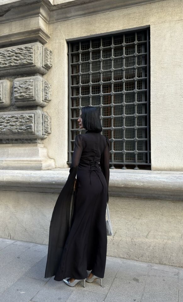 3095 KOLLARI ŞİFON ELBİSE BLACK - SİYAH