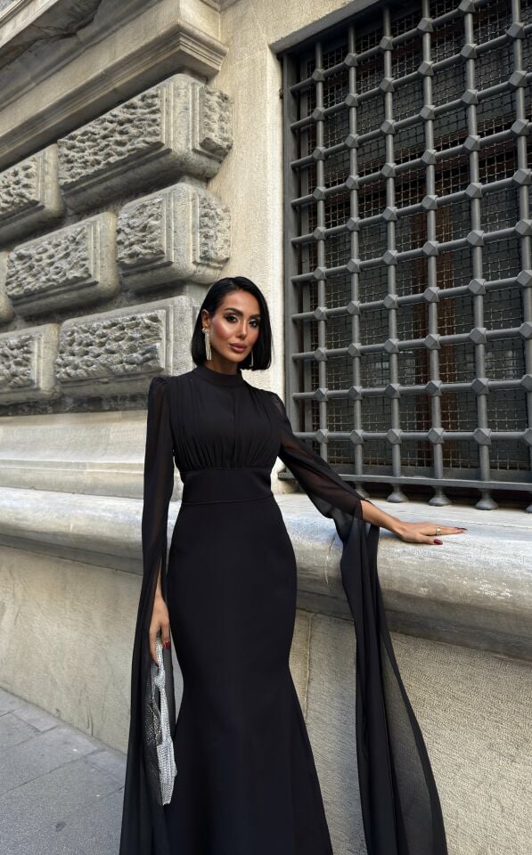 3095 KOLLARI ŞİFON ELBİSE BLACK - SİYAH