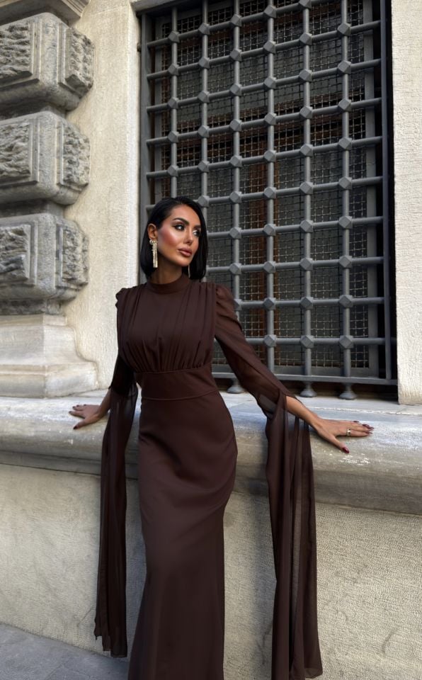 3095 KOLLARI ŞİFON ELBİSE BROWN - KAHVE