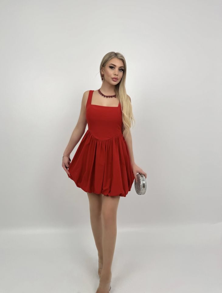 4003 TERİKOTON GİPELİ BALON ELBİSE KIRMIZI