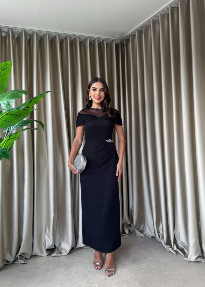 3065 TÜL YAKA AKSESUARLI  ELBİSE BLACK - SİYAH