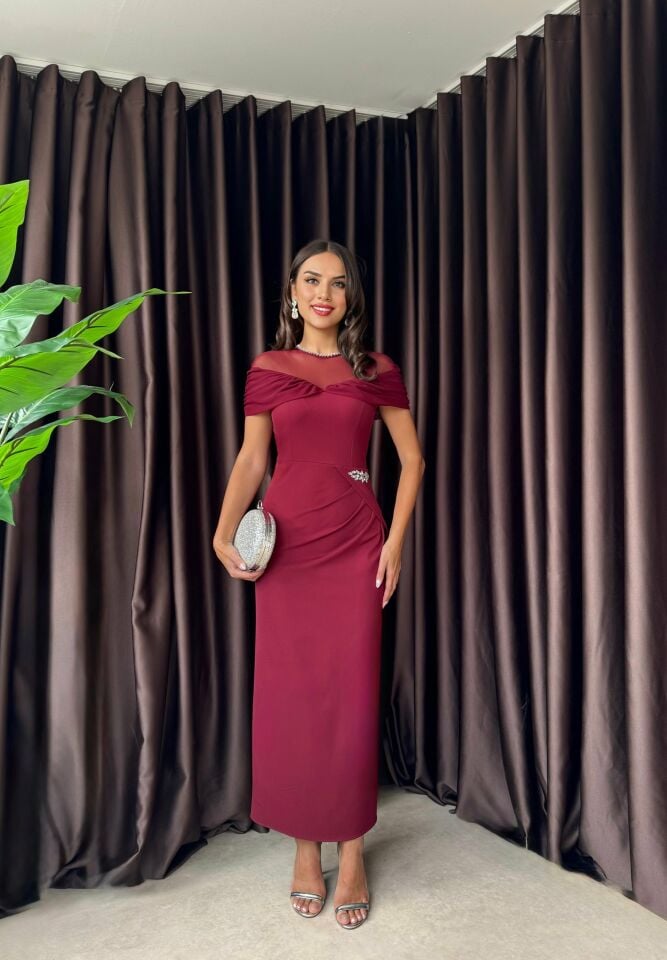 3065 TÜL YAKA AKSESUARLI  ELBİSE BURGUNDY - BORDO