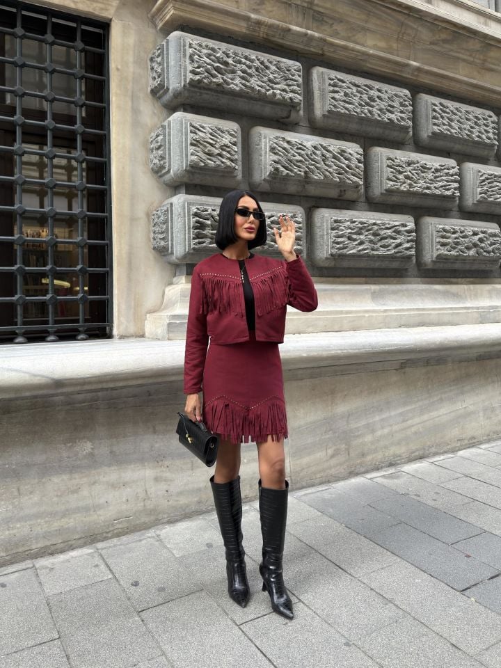 3100 ÇEKETLİ SUET TAKIM BURGUNDY - BORDO