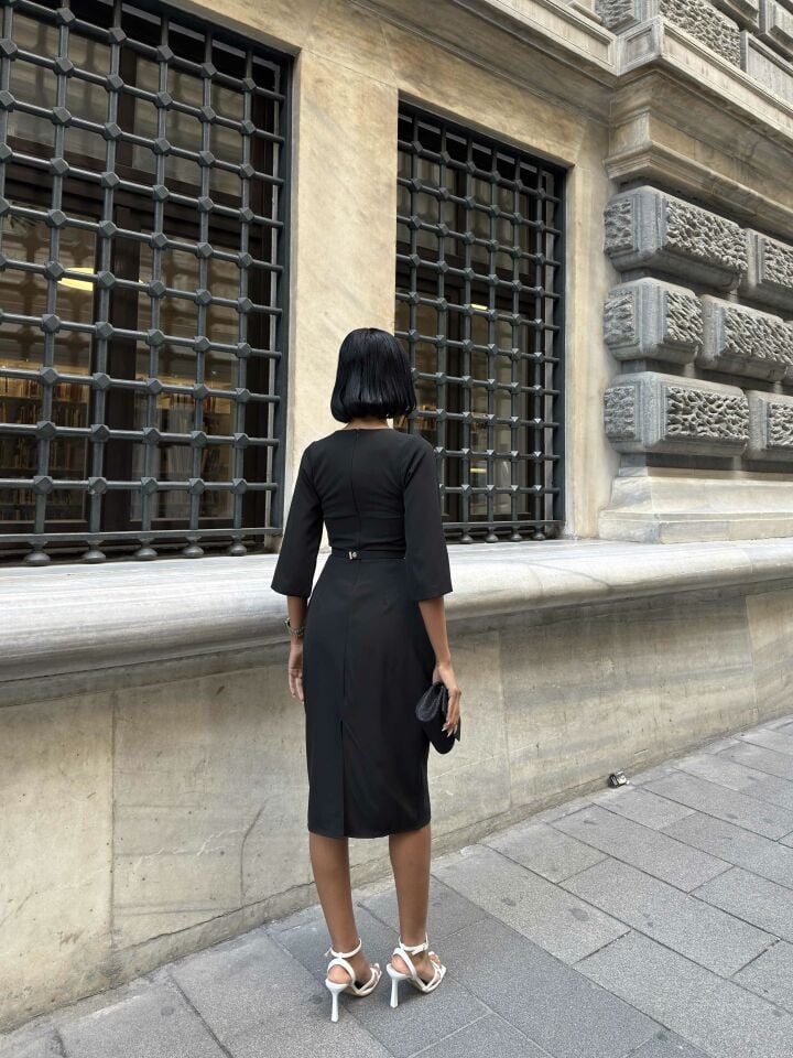 3076 İNCİLİ ELBİSE BLACK - SİYAH