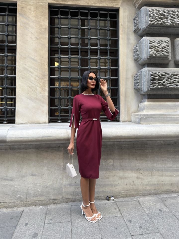 3076 İNCİLİ ELBİSE BURGUNDY - BORDO
