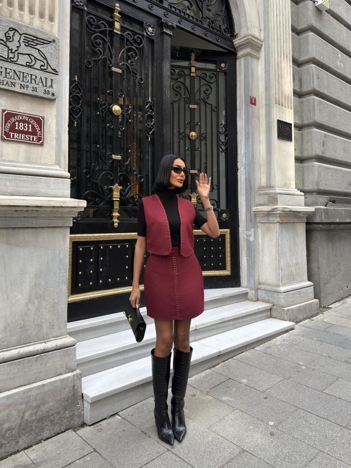 3101 YELEKLİ SUET TAKIM BURGUNDY - BORDO