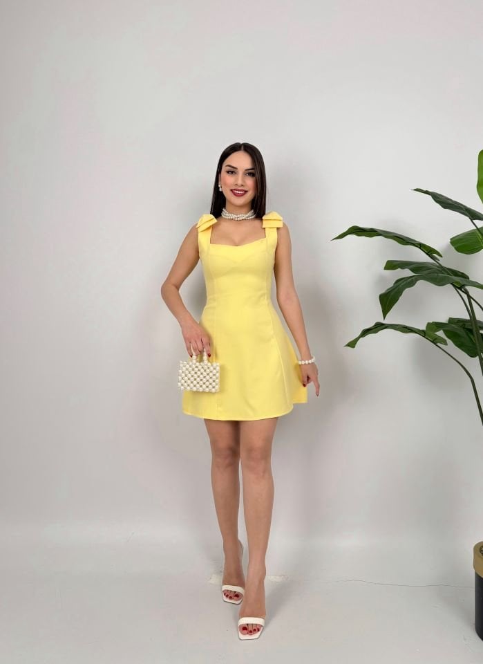 3001 OMUZDAN FİYONKLU MİNİ ELBİSE SARI