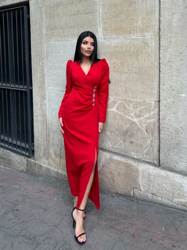 3057  V YAKA AKSESUARLI ELBİSE RED - KIRMIZI