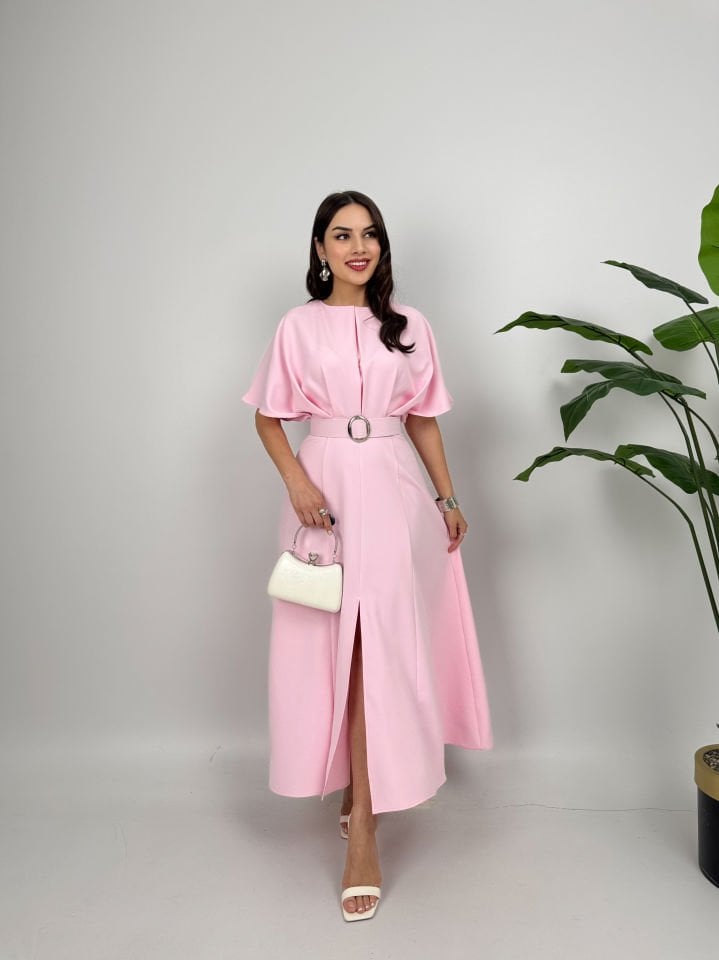 2056 ATLAS KUMAŞ KEMERLİ ELBİSE AÇIK PEMBE