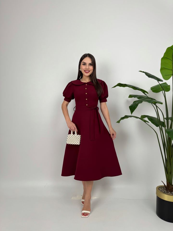 2111 BEBE YAKA KUŞAKLI MİDİ ELBİSE BORDO