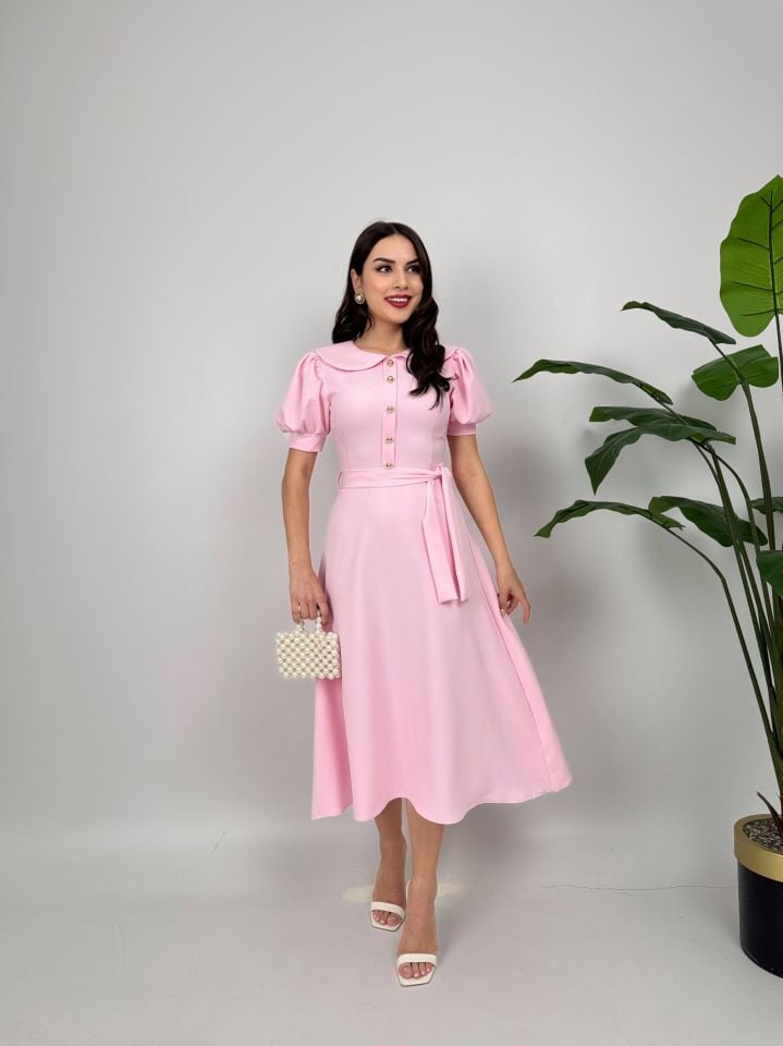 2111 BEBE YAKA KUŞAKLI MİDİ ELBİSE AÇIK PEMBE