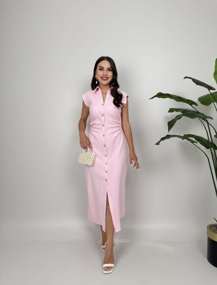 3026 ÖNDEN DÜĞMELİ ELBİSE PEMBE