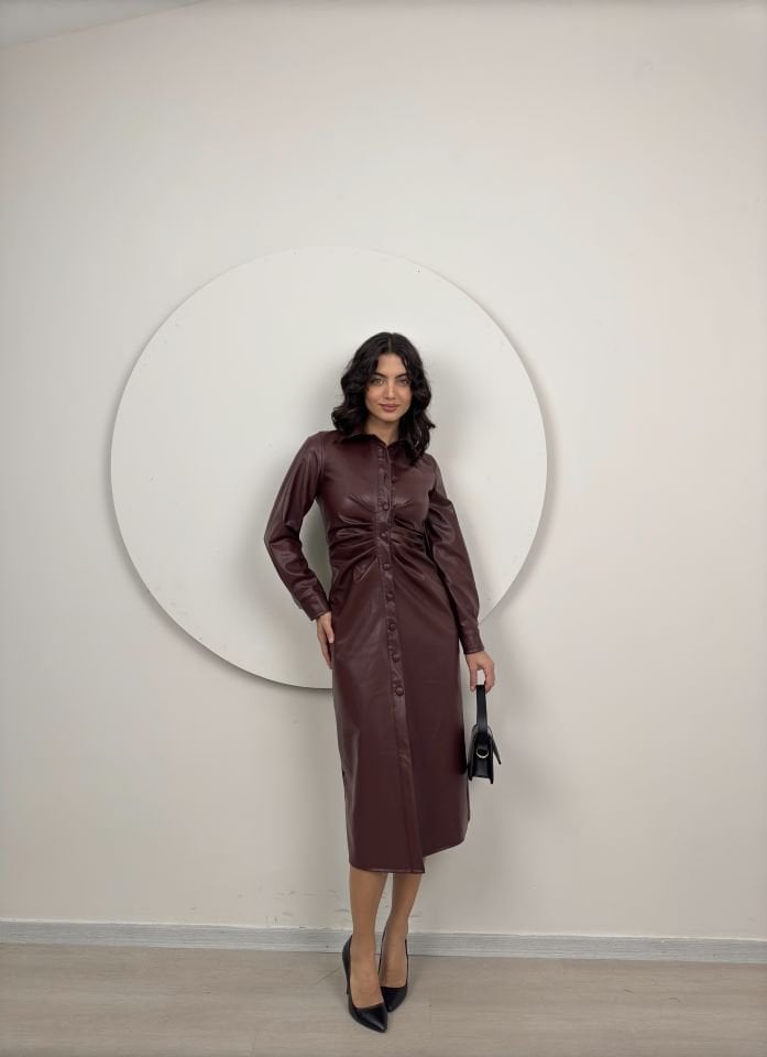 1057 ZARA LİNE DERİ ELBİSE BORDO