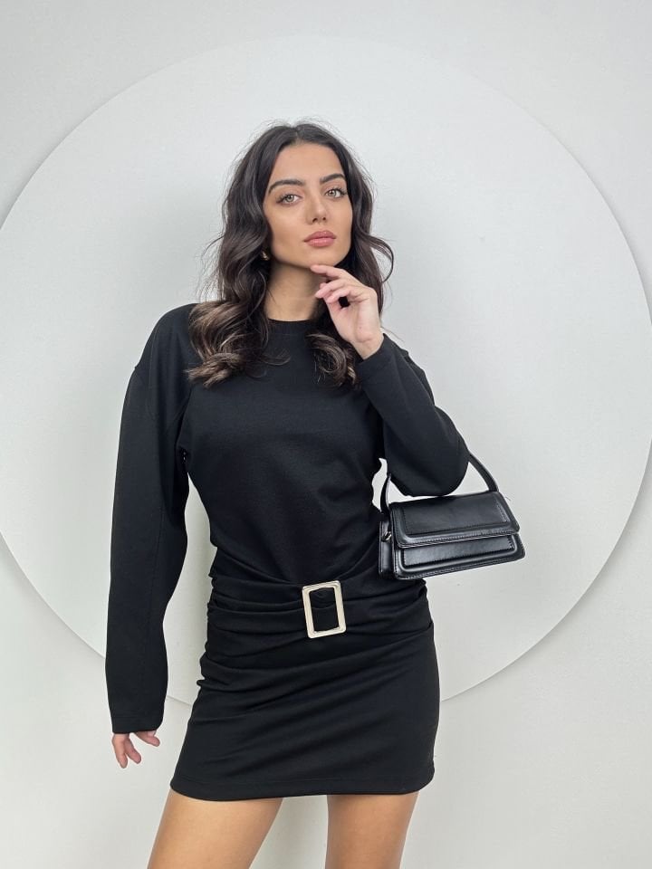 1062 ÖRME TOKALI MİNİ DAR ELBİSE SİYAH