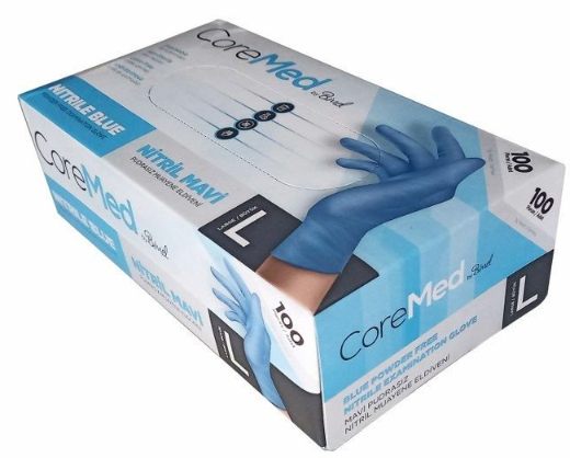 Coremed Pudrasız Nitril Muayene Eldiveni L Beden Mavi – 100’lü Kutu