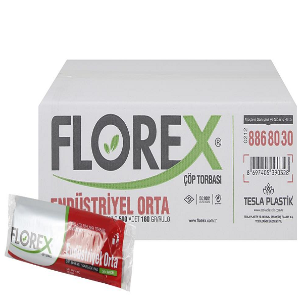 Florex Endüstri̇yel Orta Çöp Torbası 55x60cm 26mc 20x25 Rulo 500 Adet 160gr/rulo