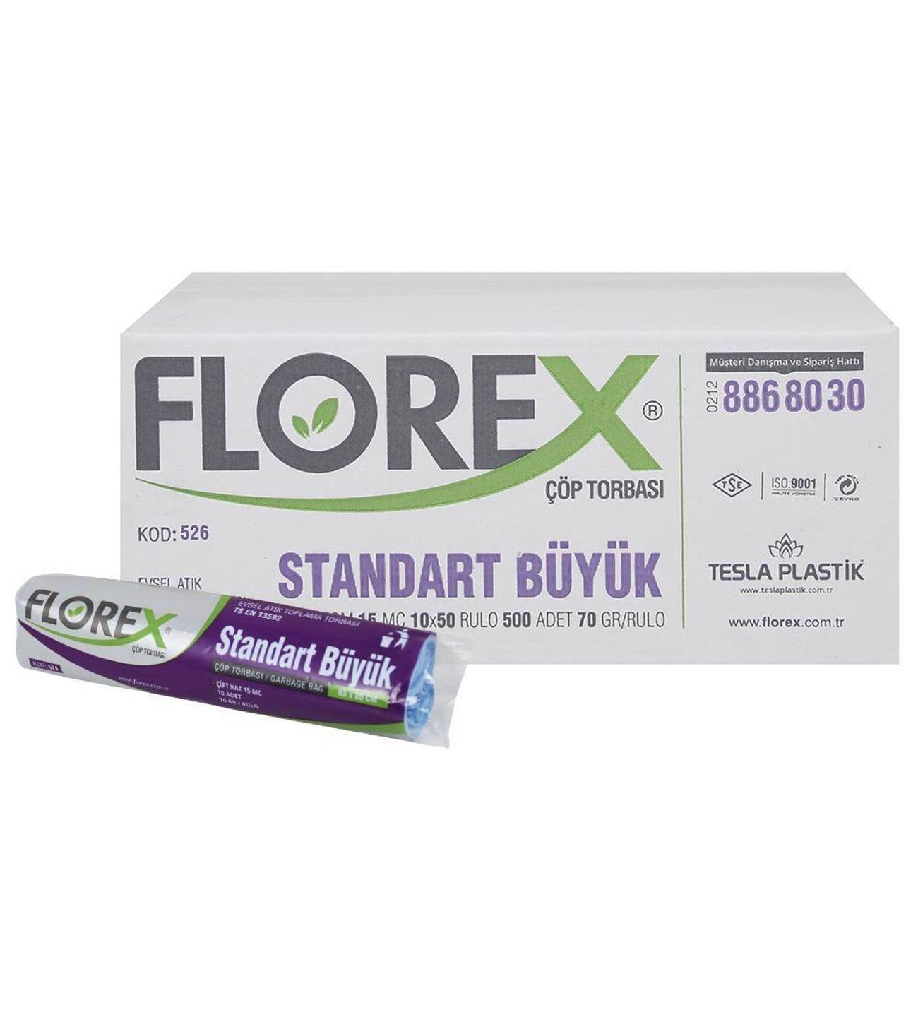 Florex Standart Büyük Çöp Torbası 65x80cm 15mc 10x50 Rulo 500 Adet 80gr/rulo
