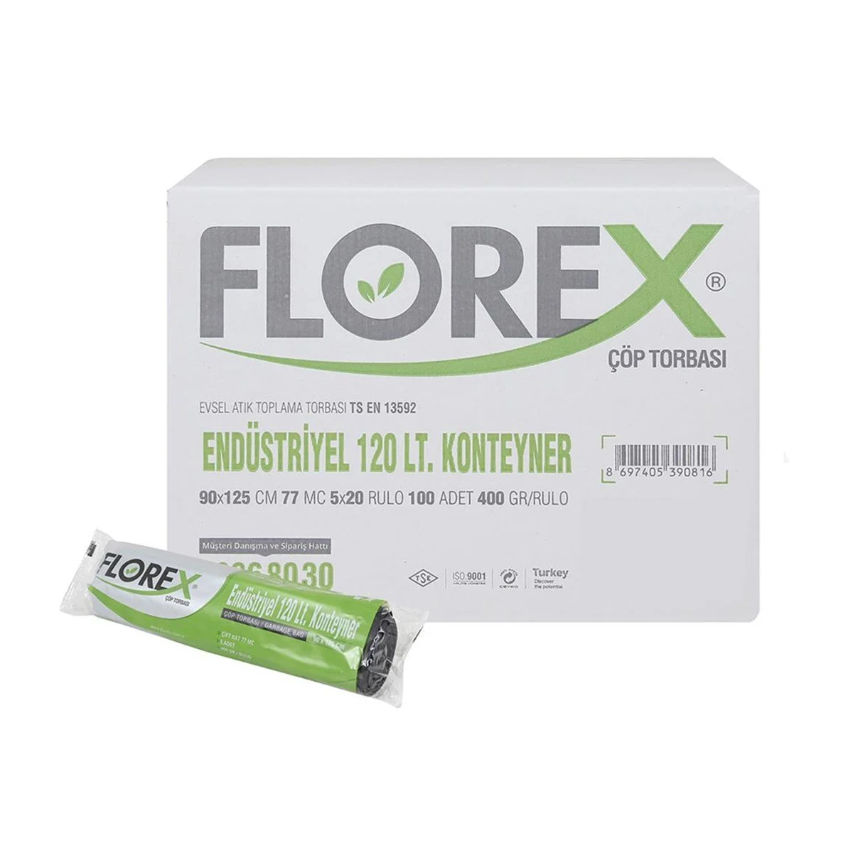 Florex Endüstri̇yel 120lt Konteyner Çöp Torbası 90x125cm 77mc 5x20 Rulo 100 Adet 400gr/rulo