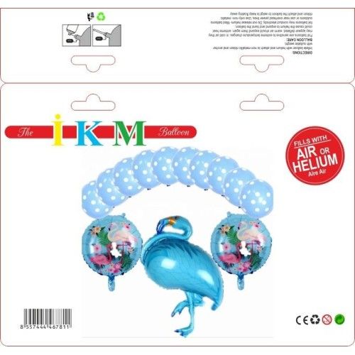 Toptan Folyo Balon Flamingo Mavi  Lateksli Set