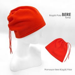 Promosyon Kırmızı Renk İp Büzgülü Bere ve Boyunluk