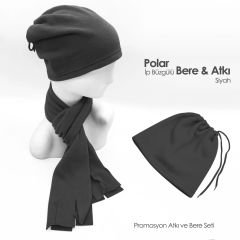 Füme Rengi İp Büzgülü Polar Bere ve Atkı
