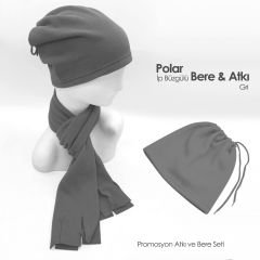 Füme Rengi İp Büzgülü Polar Bere ve Atkı