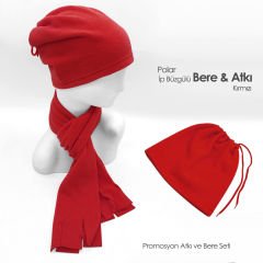 Promosyon Kırmızı Renk İp Büzgülü Bere ve Atkı