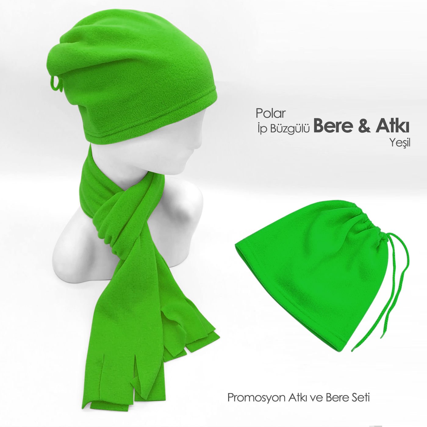 Promosyon İp Büzgülü Yeşil Bere ve Atkı