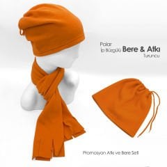 Promosyon İp Büzgülü Turuncu Renk Bere (Boyunluk) ve Atkı Takımı