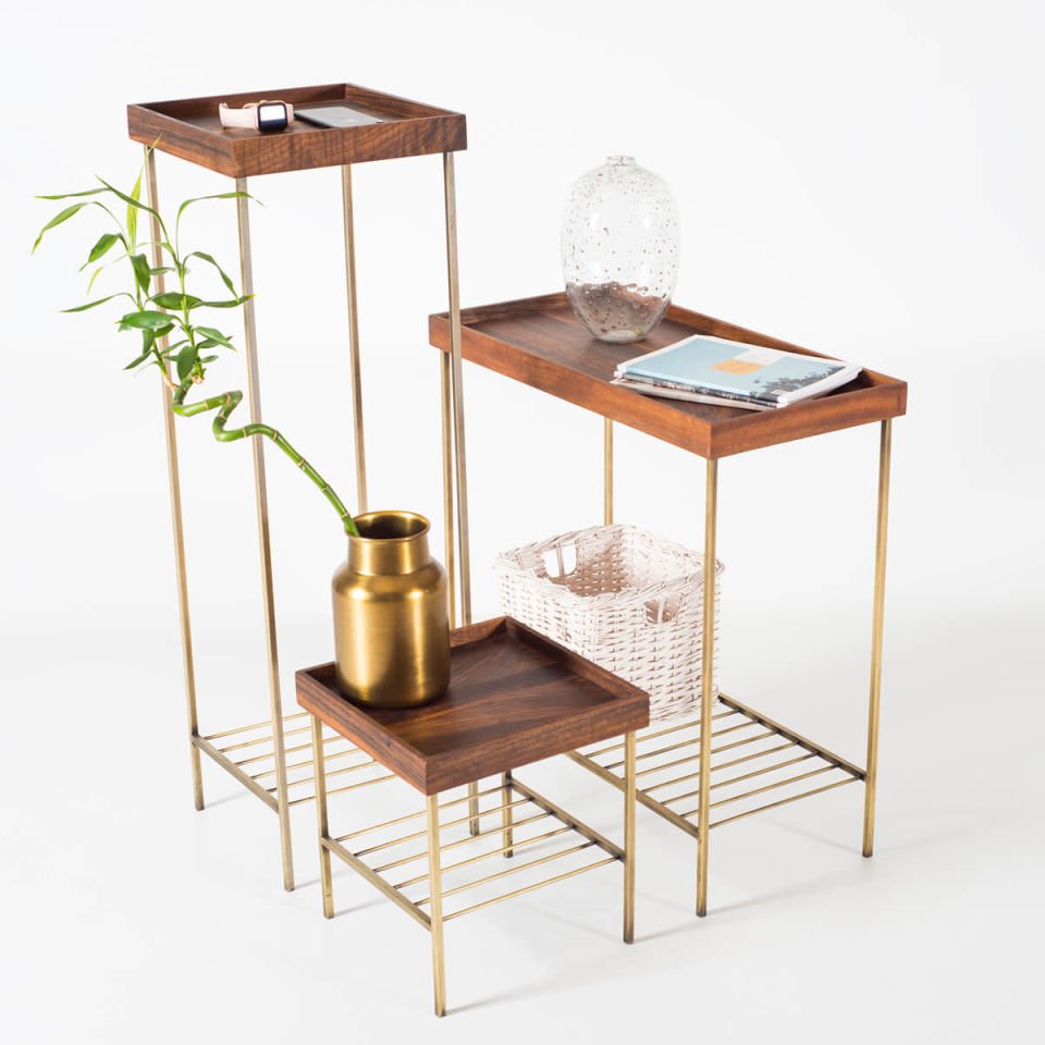 Solid Walnut Long Side Table / Flower Pot – EDGE AGED Series Gold Antique Legs