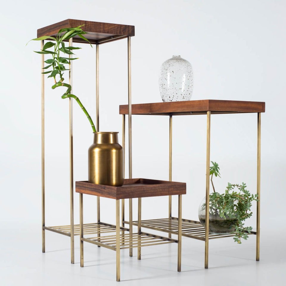 Masif Ceviz Kısa Yan Sehpa / Saksılık – EDGE AGED Serisi Gold Eskitme Ayaklı