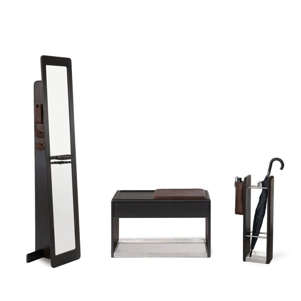 Solid Oak Door Entry Set - HOL Series, Mirror, Bench, Umbrella Stand Dark