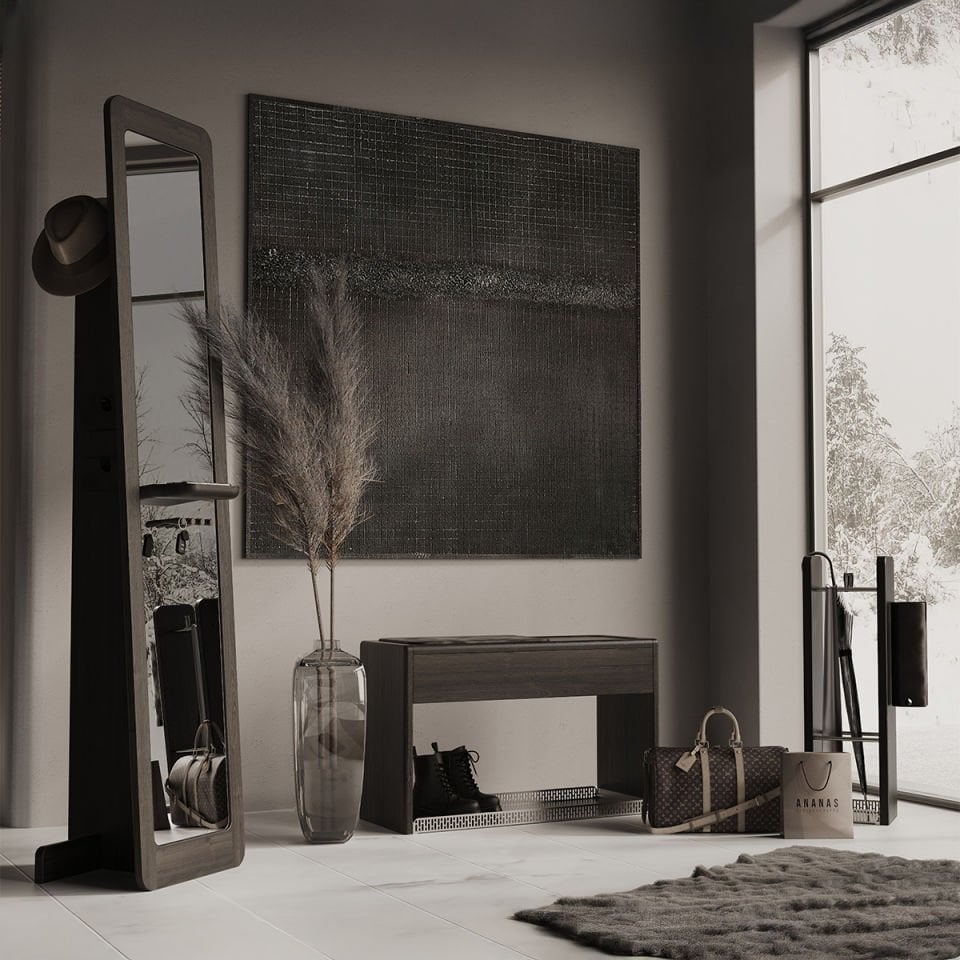 Solid Oak Door Entry Set - HOL Series, Mirror, Bench, Umbrella Stand Dark