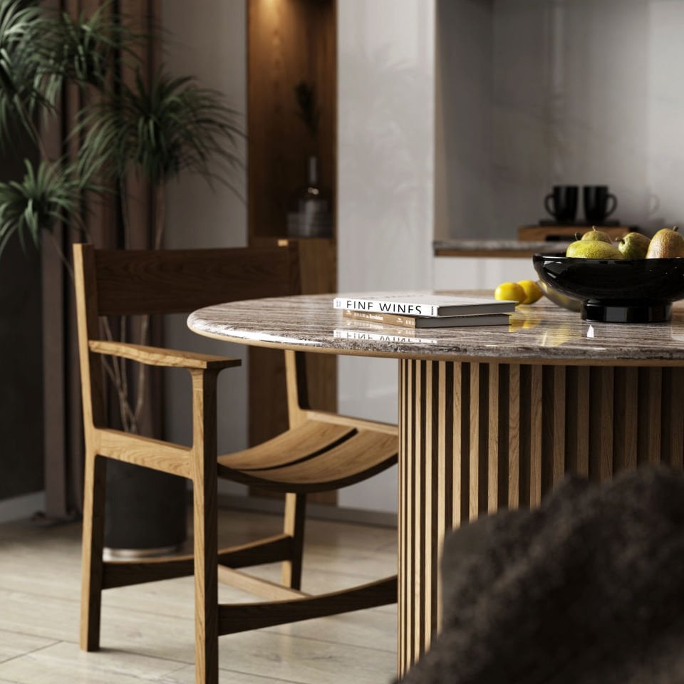 Masif Ahşap Yuvarlak Masa, Traverten - DOCIA Serisi