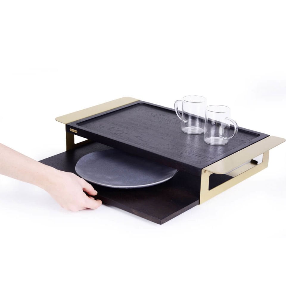 Ahşap Servis Tepsisi Seti, Gold Eskitme Detaylı Dark