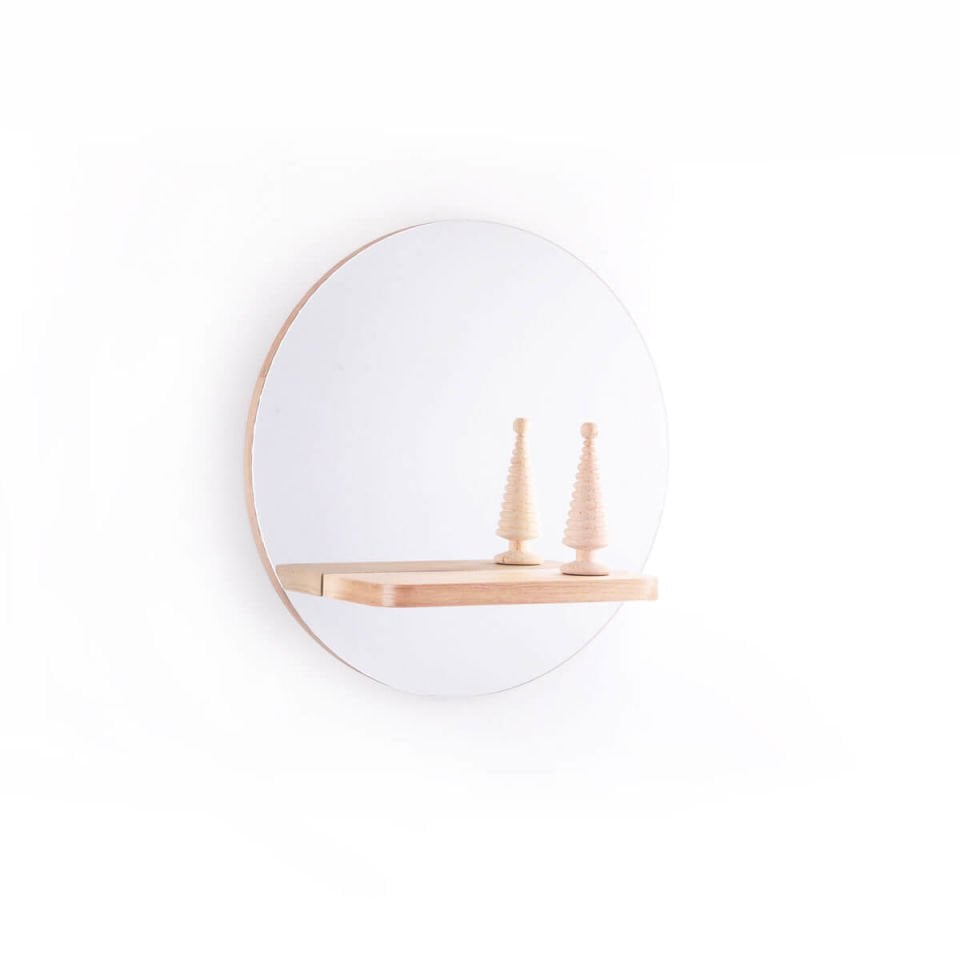 Mirror with Shelf – Round, Oak, 50 cm Raw