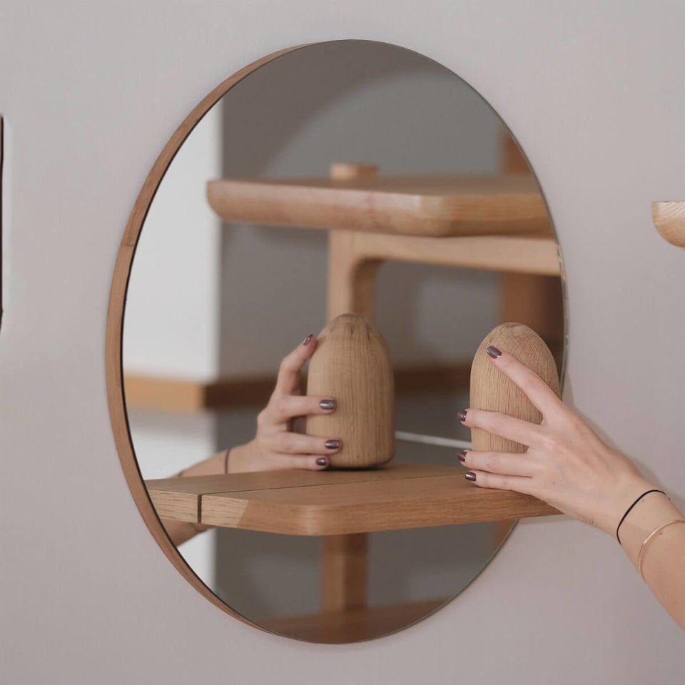 Mirror with Shelf – Round, Oak, 50 cm Raw
