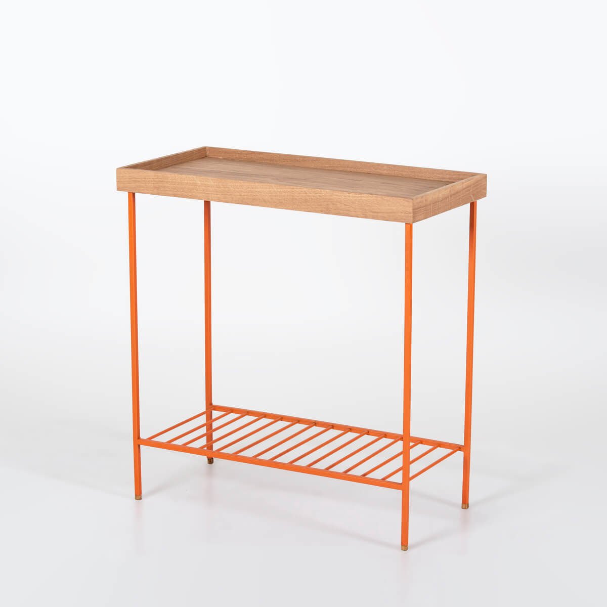 Solid Wood Wide Side Table / Flower Pot – EDGE Series, ORANGE with Colored Metal Legs - Raw