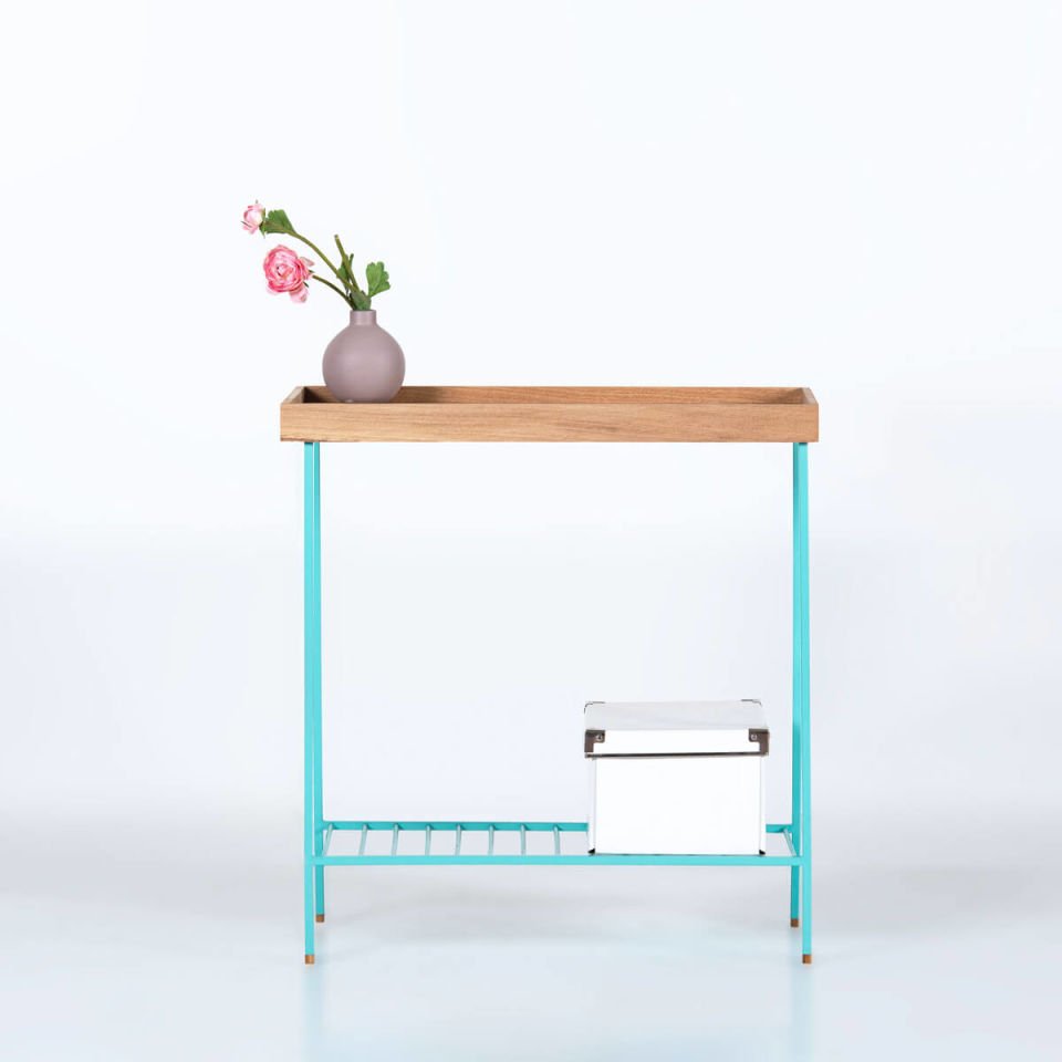 Solid Wood Wide Side Table / Flower Pot – EDGE Series, Colored Metal Legs GREEN - Raw