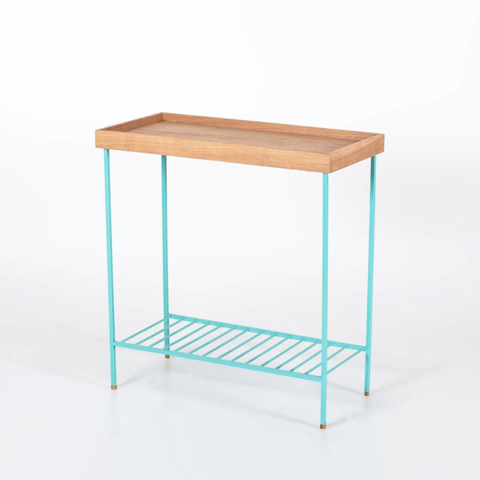 Solid Wood Wide Side Table / Flower Pot – EDGE Series, Colored Metal Legs GREEN - Raw