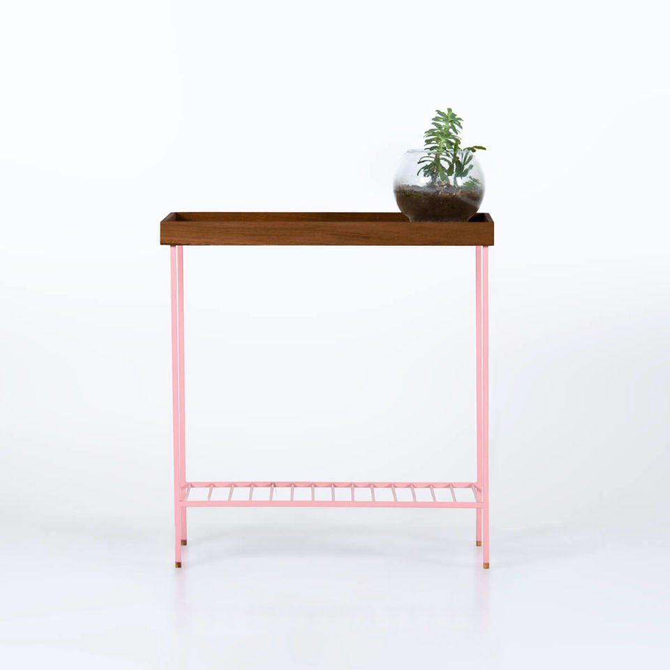 Solid Wood Wide Side Table / Flower Pot – EDGE Series, Colored Metal Legs PINK - Forest