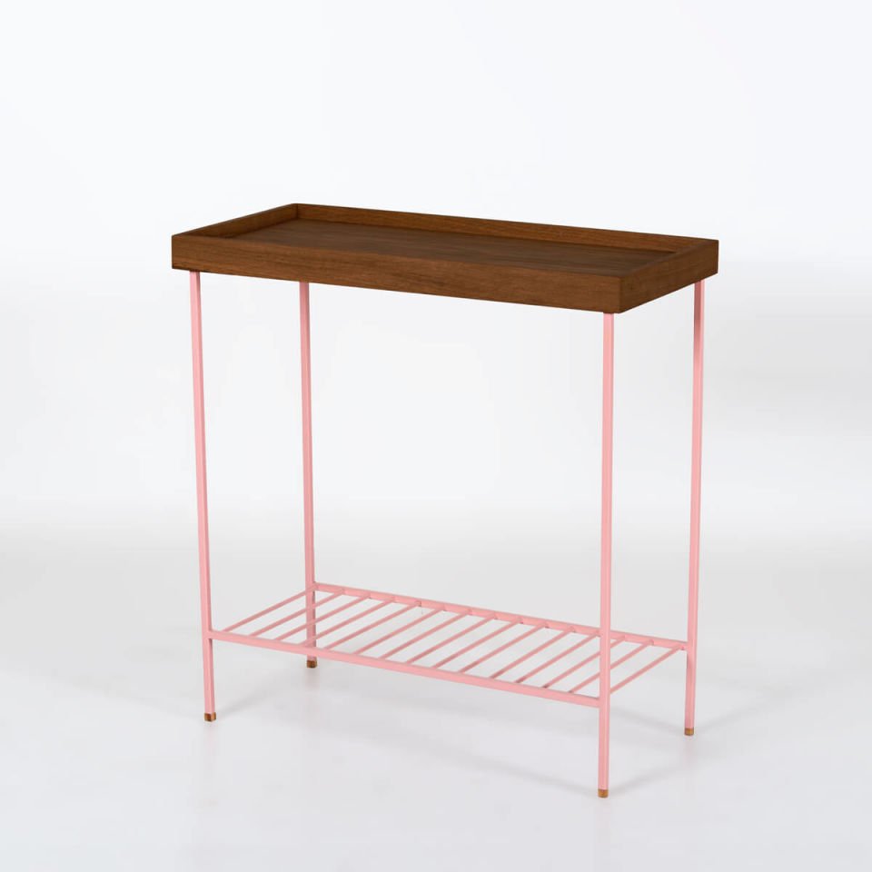 Solid Wood Wide Side Table / Flower Pot – EDGE Series, Colored Metal Legs PINK - Forest