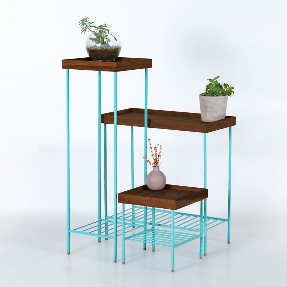 Masif Ahşap Geniş Yan Sehpa / Saksılık – EDGE Serisi, Renkli Metal Ayaklı YEŞİL - Forest